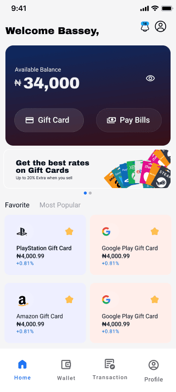 Cardrine mobile app dashboard showing Naira wallet and gift card trading actions