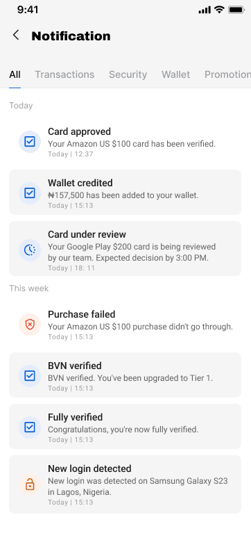 Cardrine notification screen for payout updates